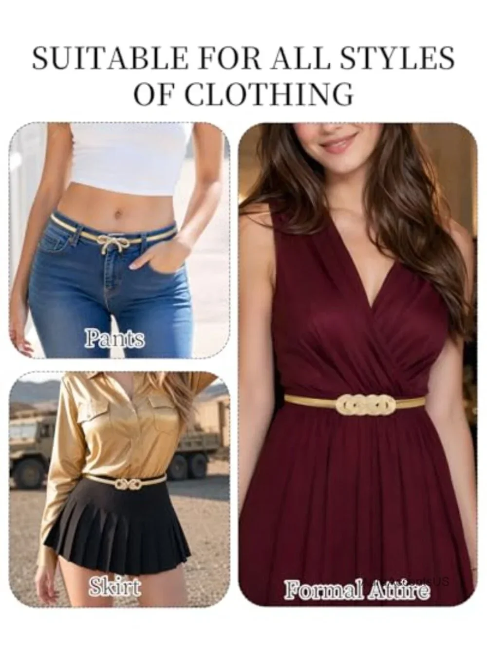 3pk Gold Metal Stretch Belt for Dresses, Thin Elastic Waist Belt